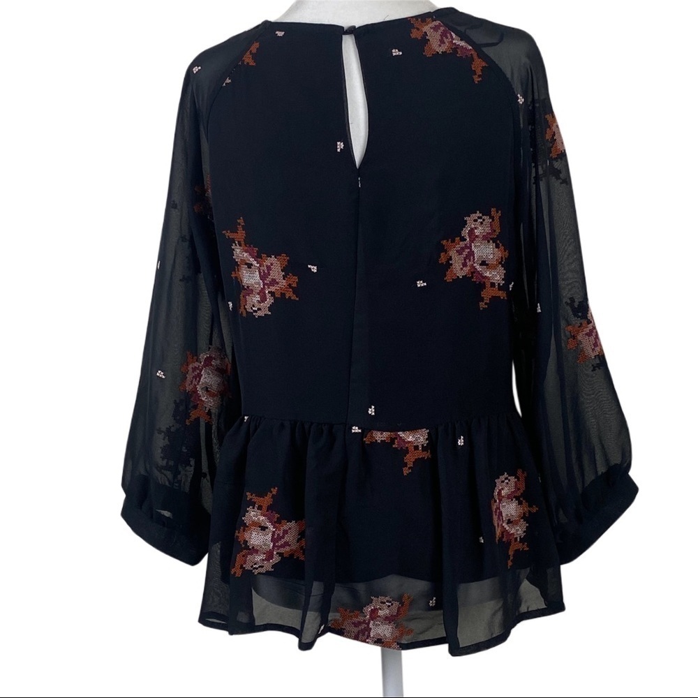 Blue Rain Floral Embroidered Ballon Sleeve Peplum Top Size Small - Picture 3 of 12